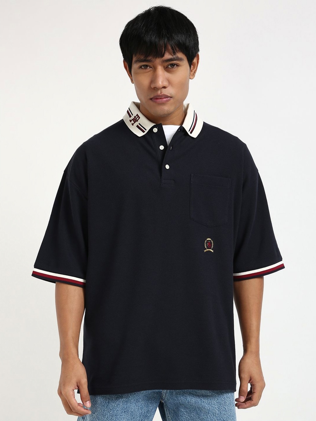 

Tommy Hilfiger Men Solid Polo Collar Cotton Relaxed Fit T-shirt, Navy blue