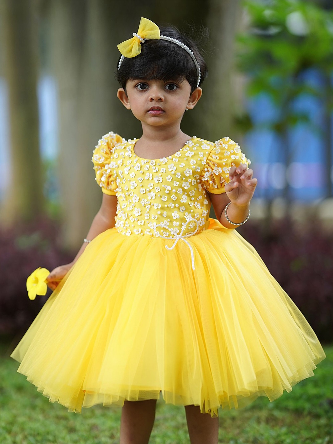 

Li & Li Boutique Girls Embroidered Puff Sleeves Net Fit & Flare Dress, Yellow