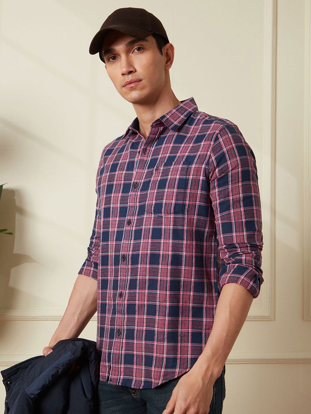 

WROGN Men Comfort Spread Collar Tartan Checked Cotton Casual Shirt, Red