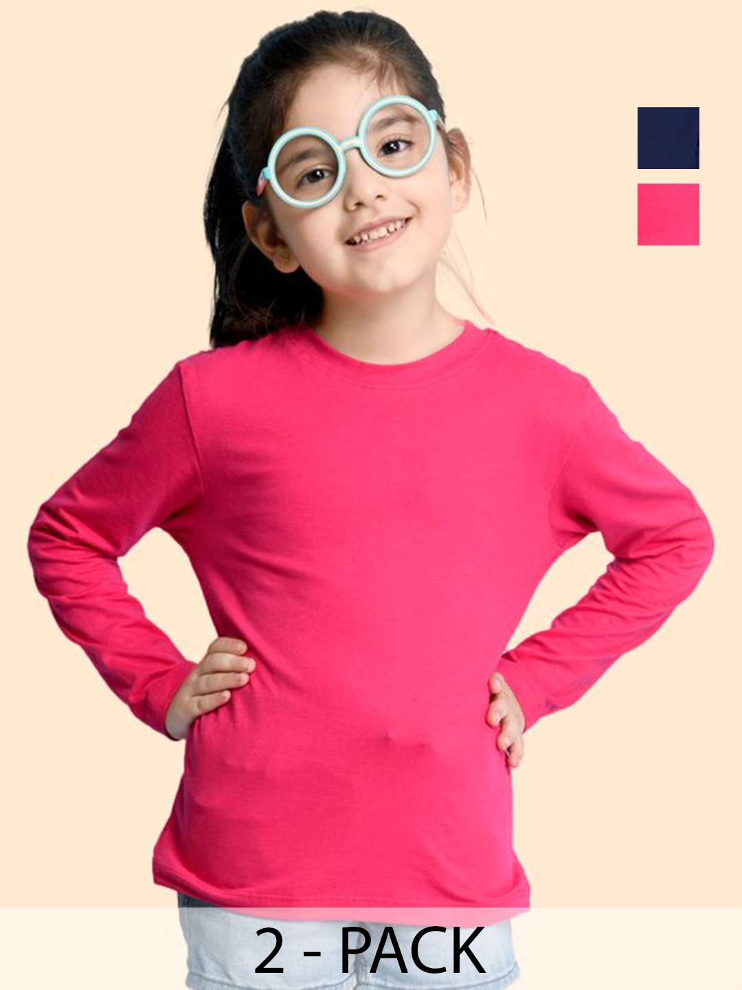 

NUSYL Pack Of 2 Girls Solid Round Neck Cotton T-shirts, Pink