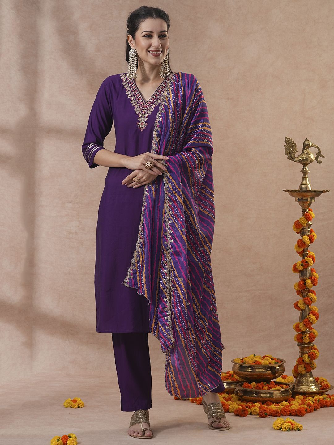 

FASHOR Floral Embroidered Sequinned Kurta With Trousers & Dupatta, Purple