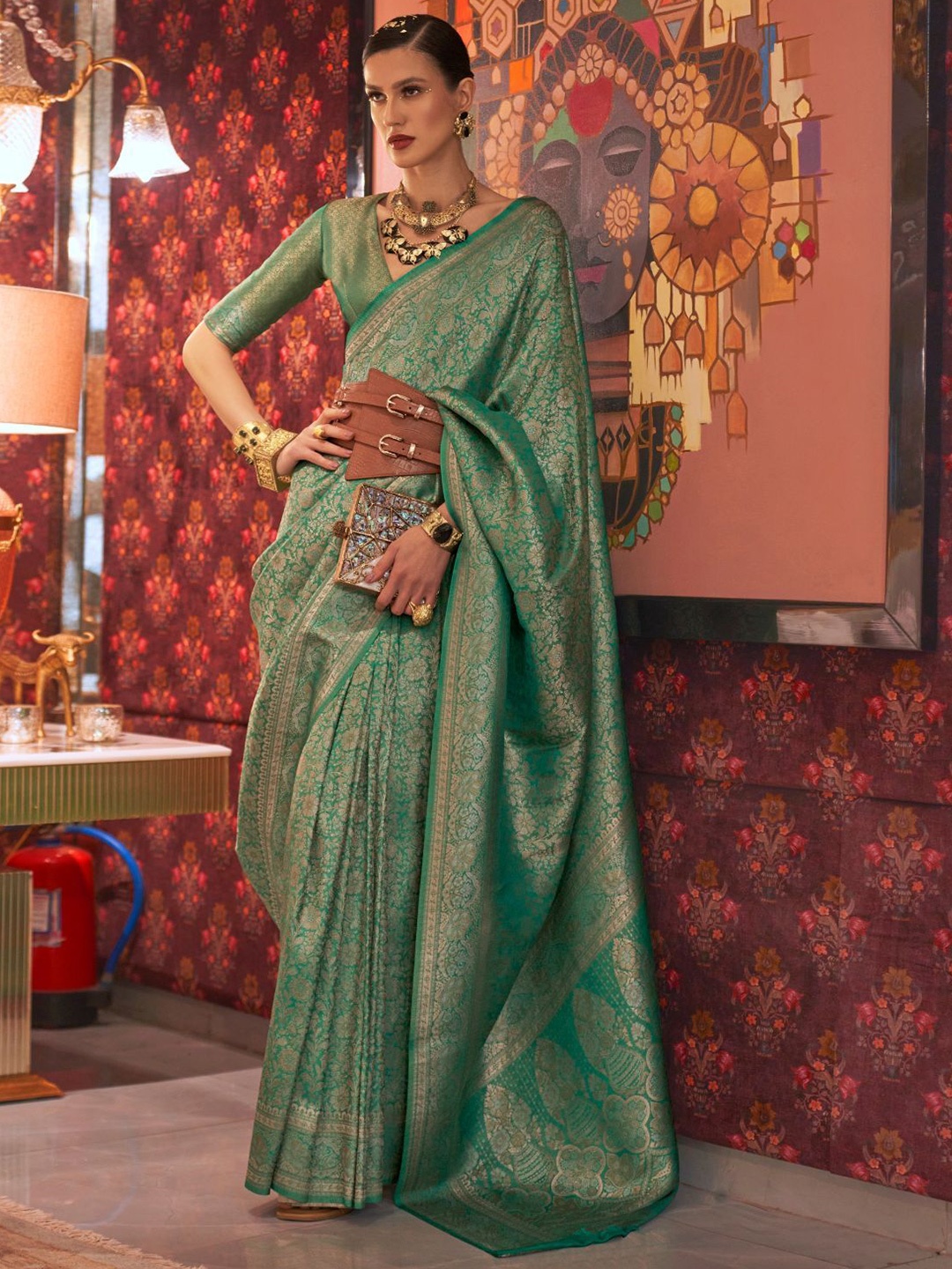 

ODETTE Ethnic Motifs Zari Saree, Green