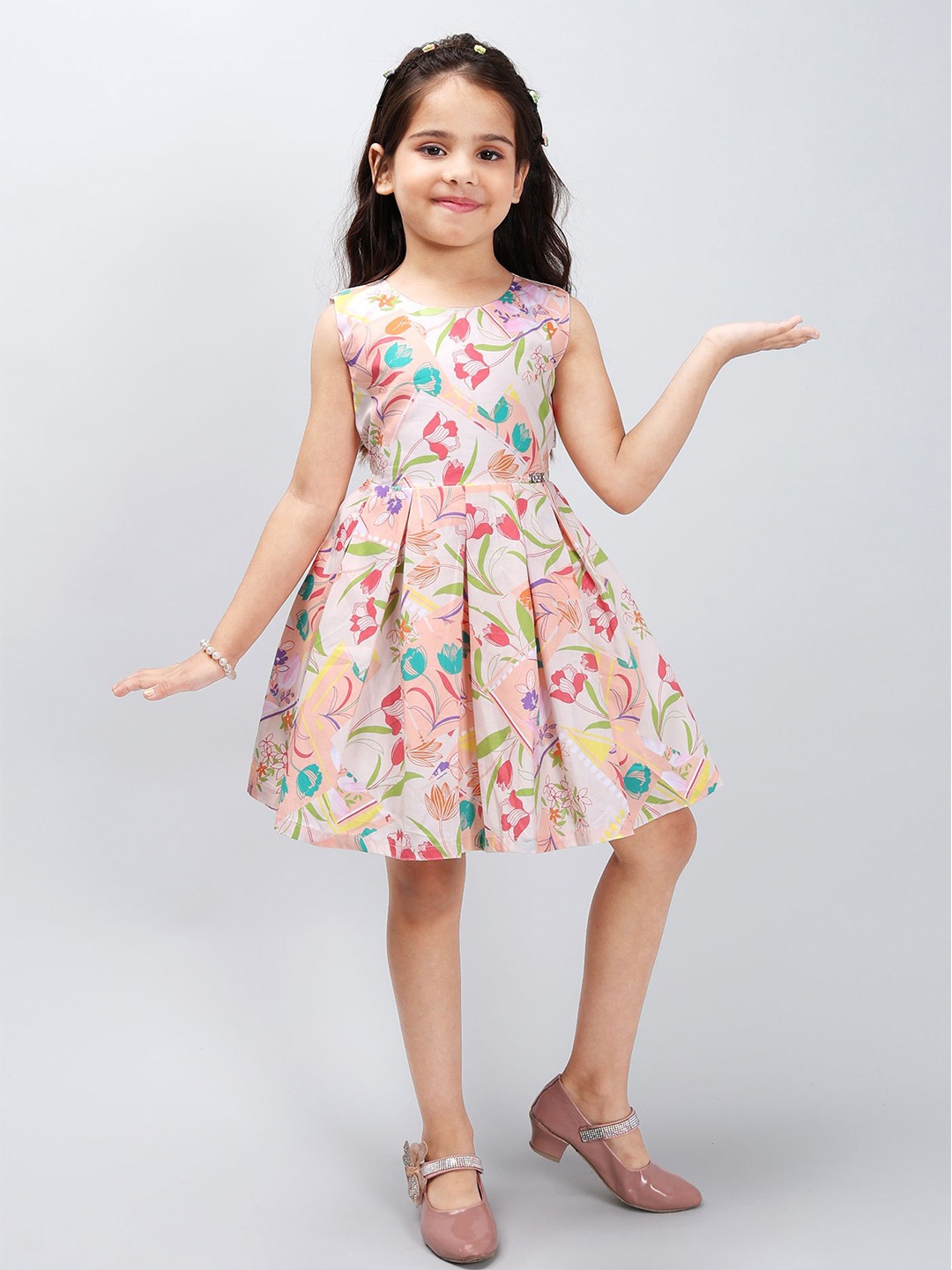 

PINK MERMAID Girls Cotton Printed A-Line Dress, Peach