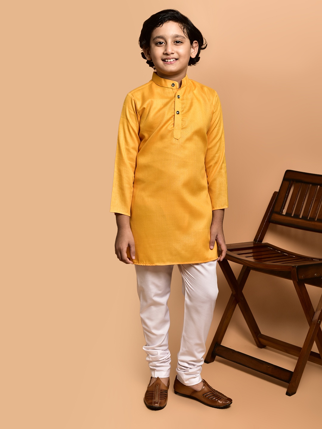 

PRINTINDIA Boys Band Collar Straight Kurta with Trouser, Yellow