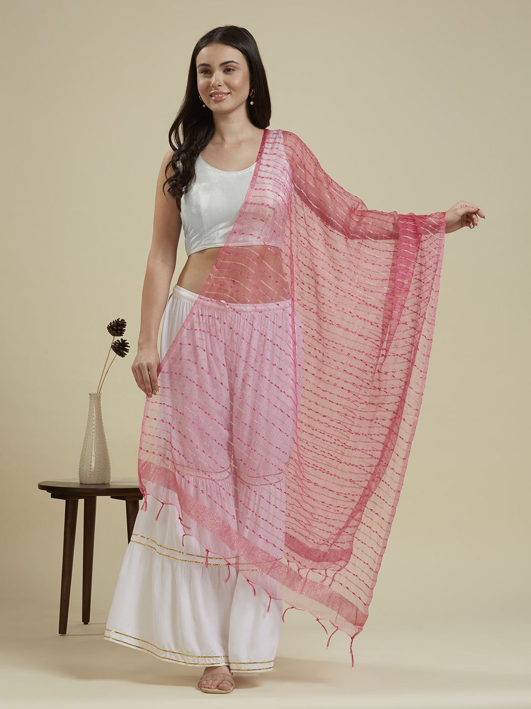 

Dupatta Bazaar Woven Design Organza Dupatta with Zari, Fuchsia