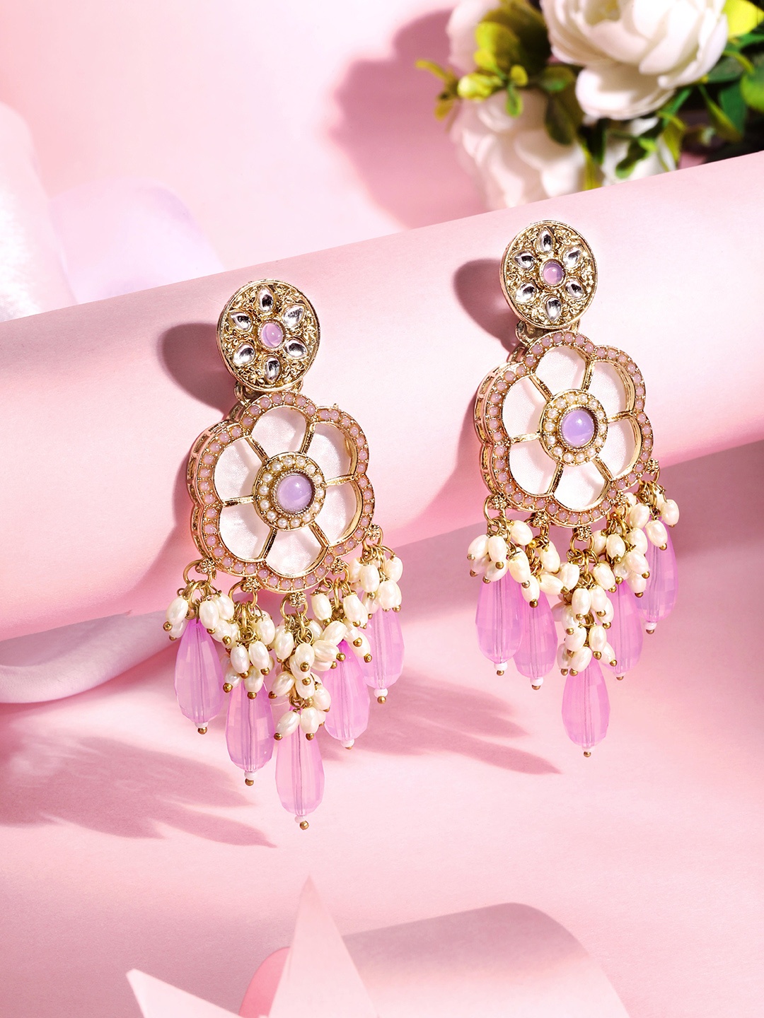 

ASMITTA JEWELLERY 18K Gold-Plated Stone Studded Floral Drop Earrings