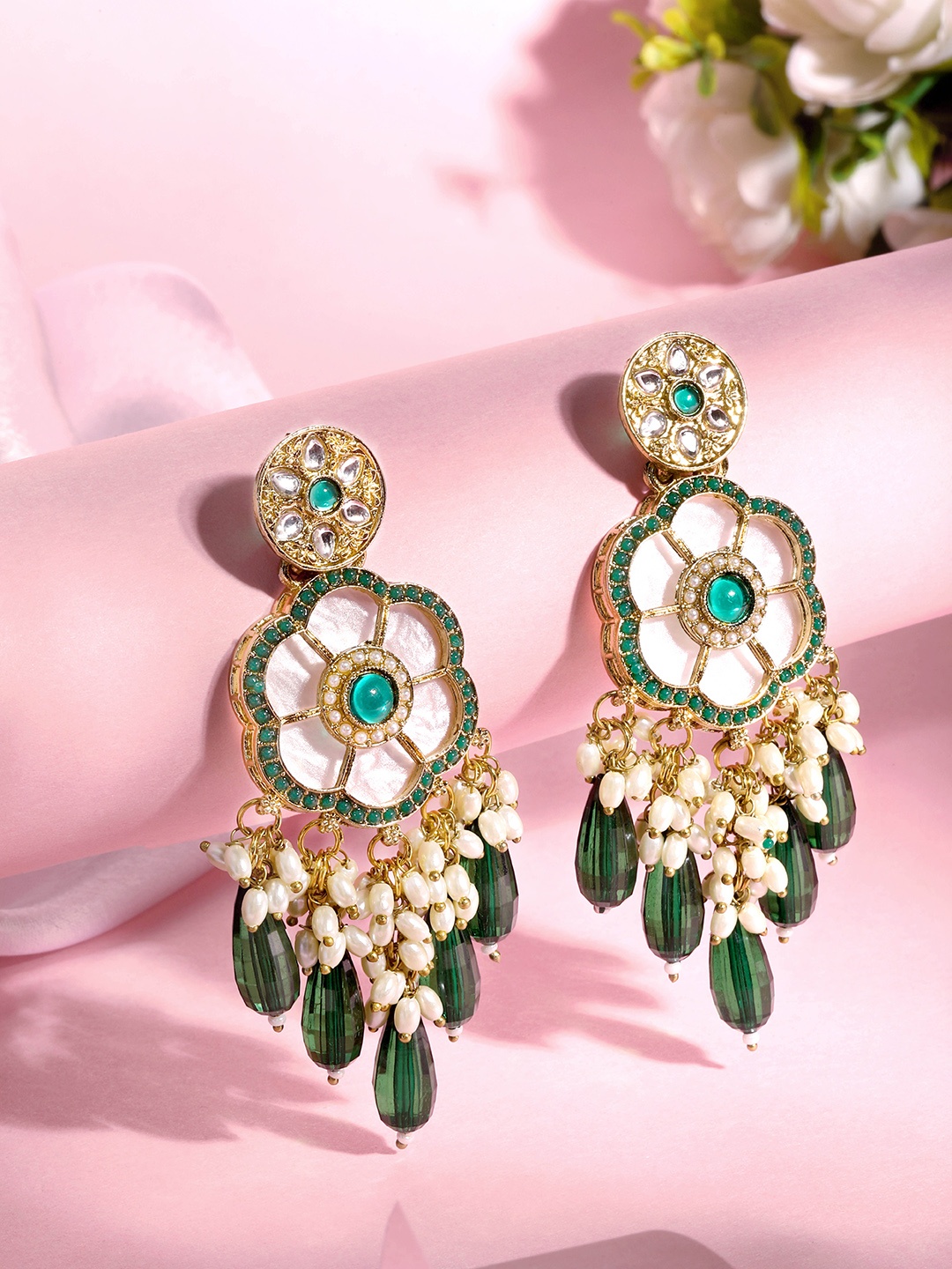 

ASMITTA JEWELLERY 18K Gold-Plated Stone Studded Floral Drop Earrings