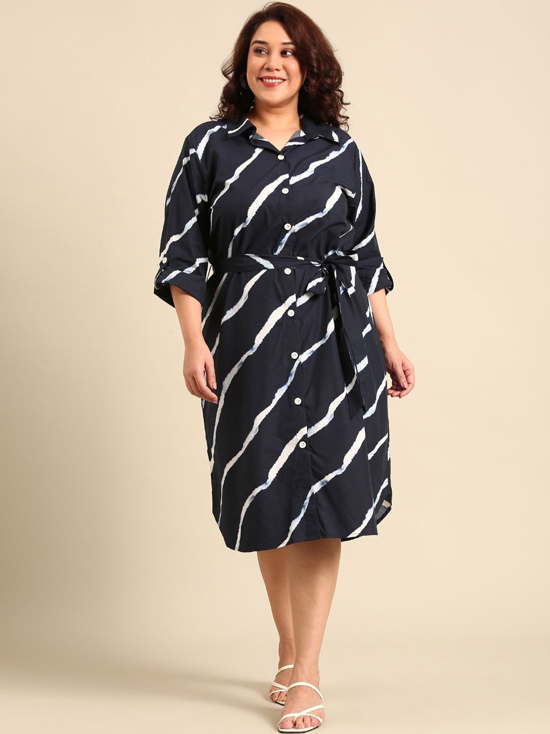 

The Pink Moon Striped A-Line Dress, Navy blue