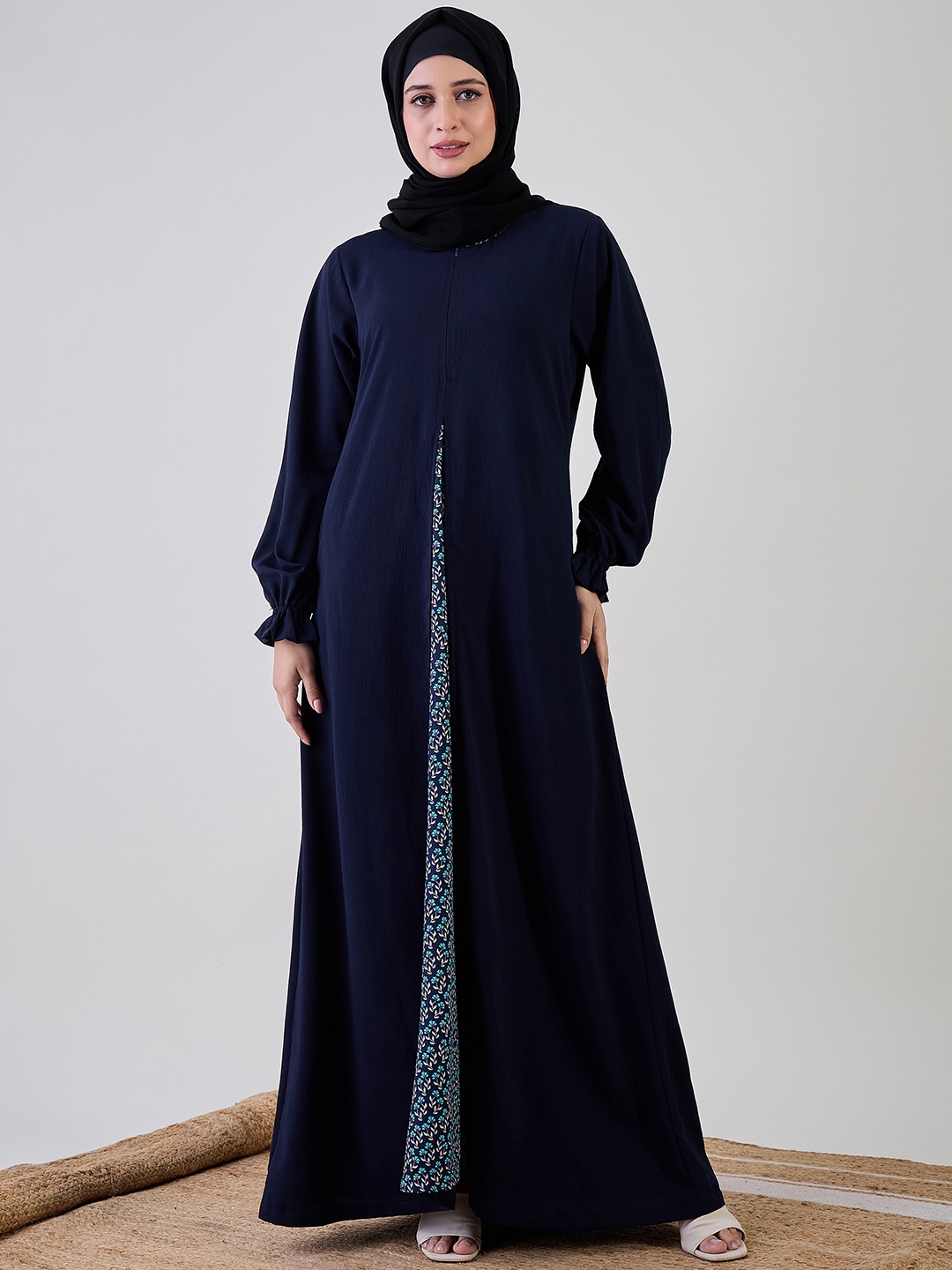 

NABIA Women Floral Printed A-line Abaya Burqa, Navy blue