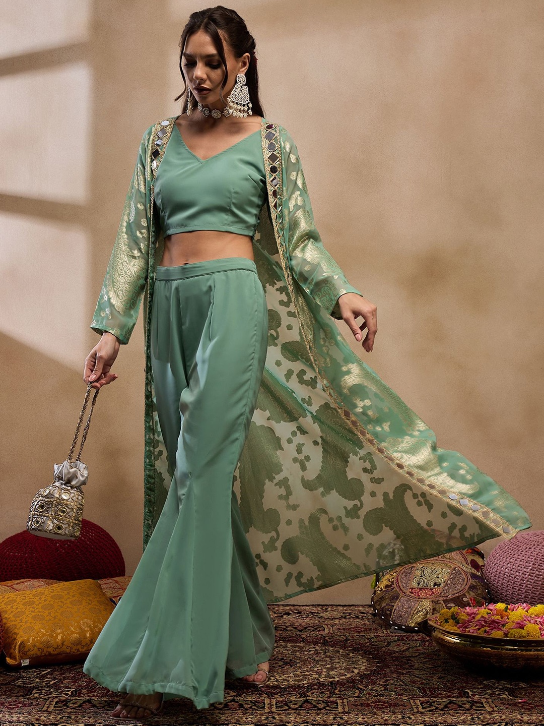 

MABISH by Sonal Jain V-Neck Sleeveless Top With Palazzo With Jacket, Sea green