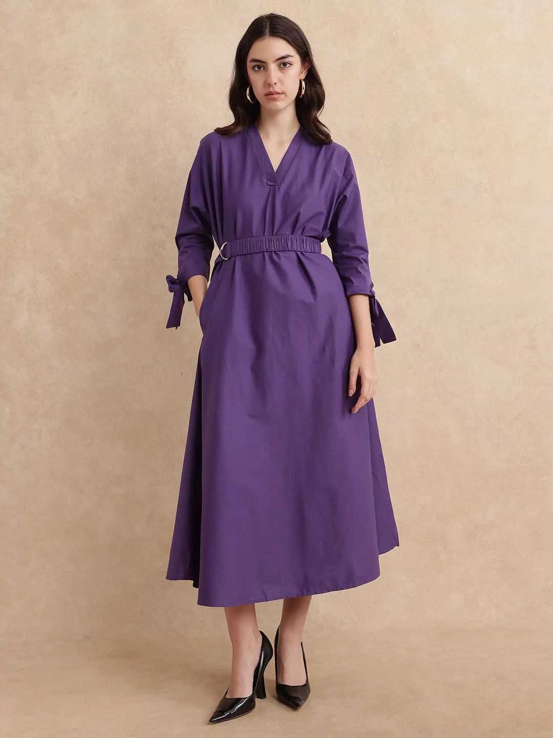 

RAREISM Women Cotton A-Line Midi Dress, Purple