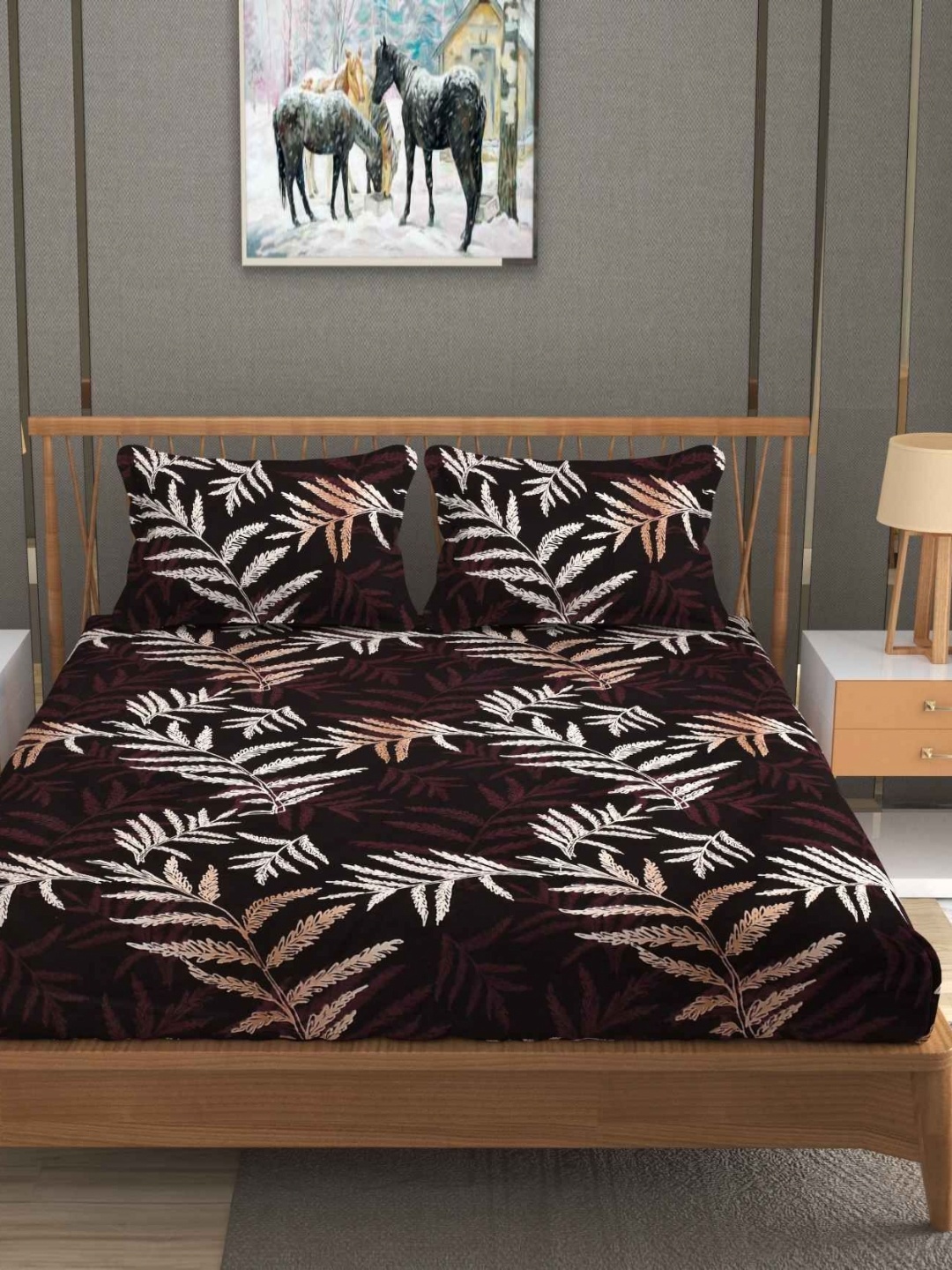 

YaAkholic Coffee Brown Floral 220 TC Cotton King Fitted Bedsheet Set- 1.9 M x 1.8 M