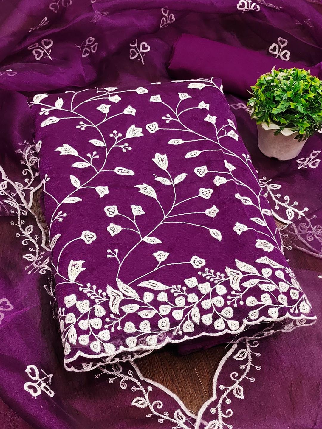 

APNISHA Floral Embroidered Organza Unstitched Dress Material, Purple