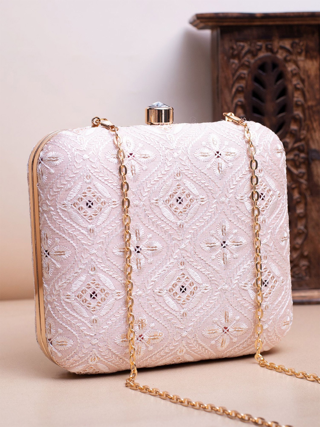 

ARTKLIM Embroidered Embellished Box Clutch, Pink