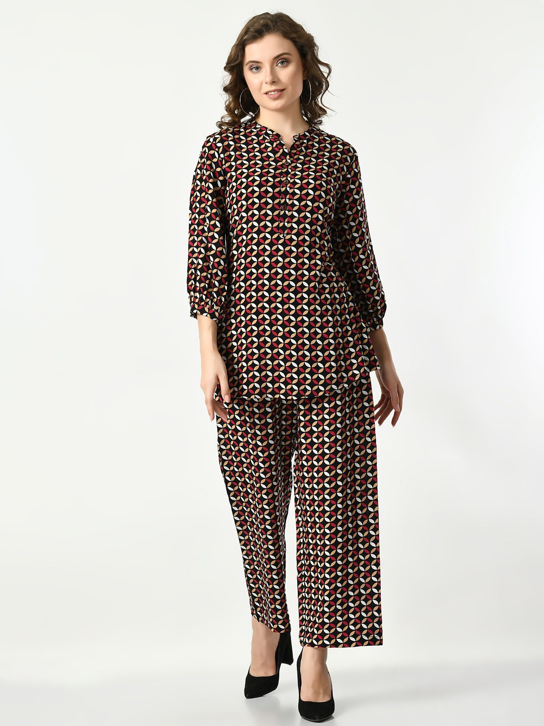 

VAPPSYAM Mandarin Collar Printed Pure Cotton Tunic with Trouser, Black