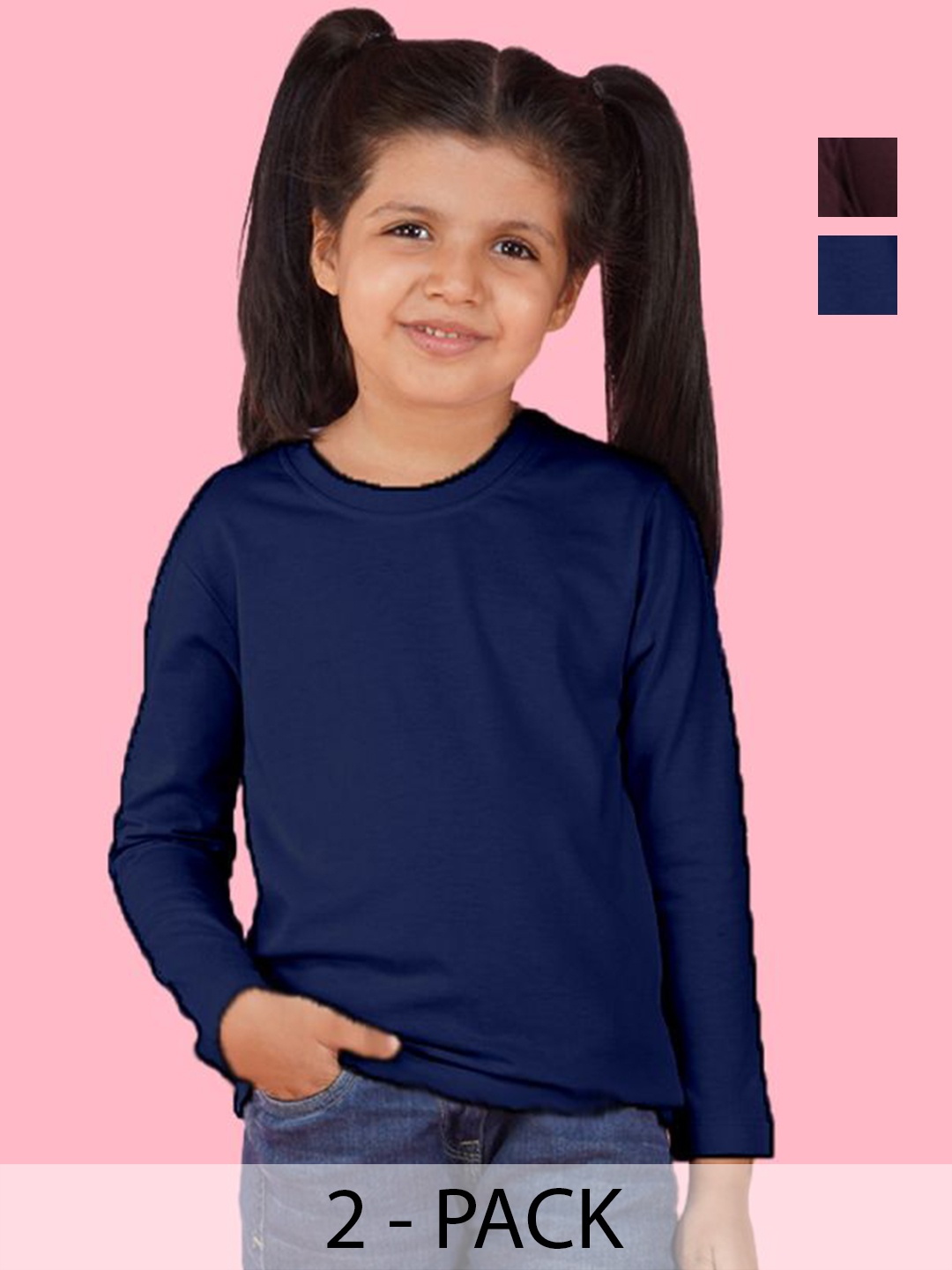 

NUSYL Pack Of 2 Girls Solid Round Neck Cotton T-shirts, Navy blue