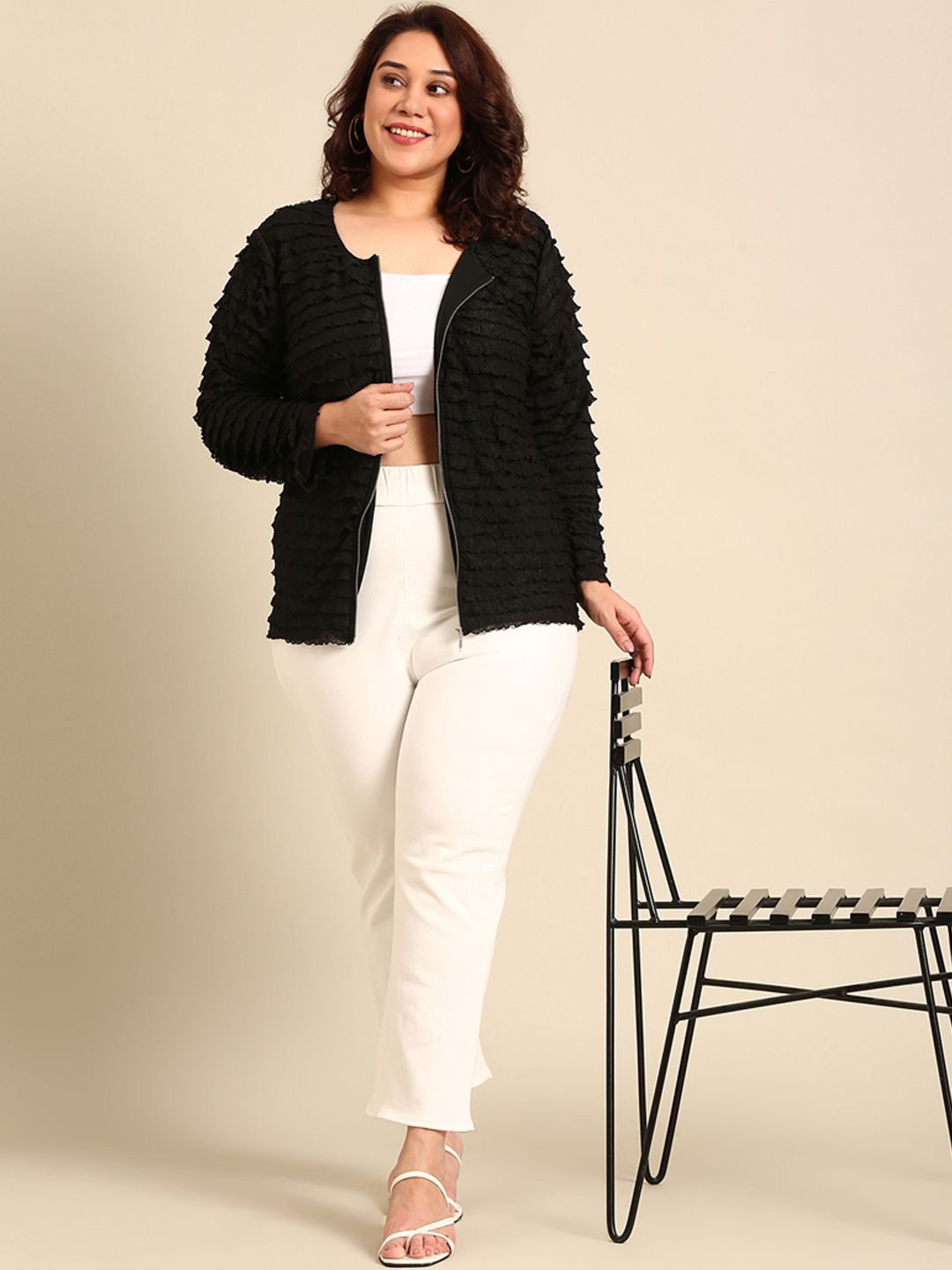 

The Pink Moon Women Collarless Self Design Casual Tailored Jacket, Black