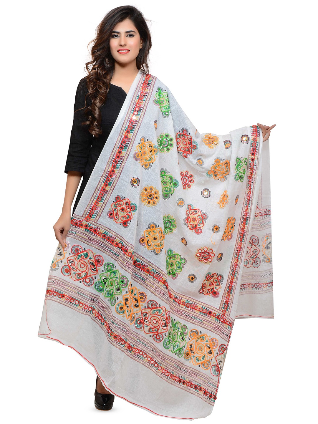 

BANJARA INDIA Embroidered Dupatta with Thread Work, White