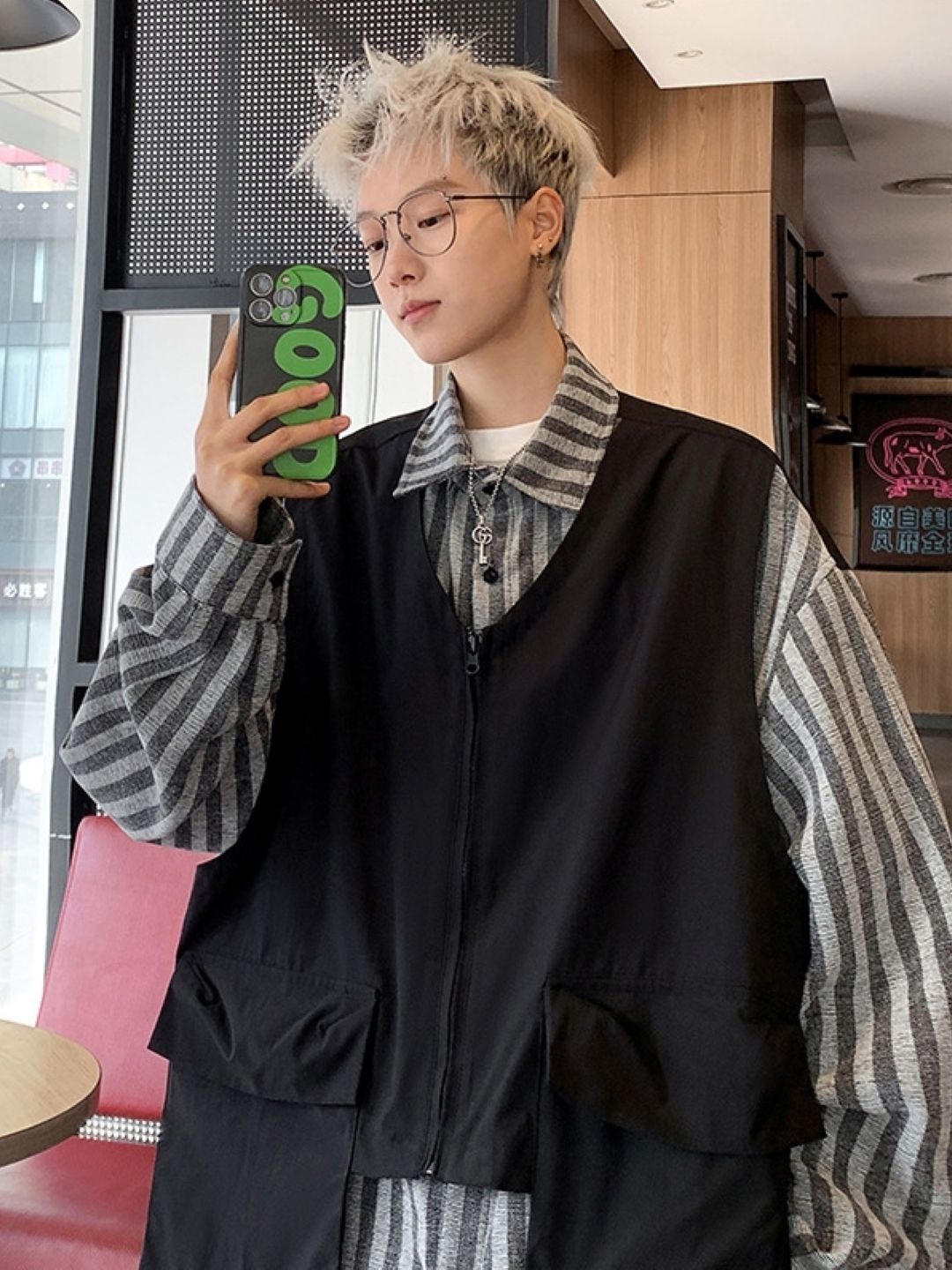 

HERE&NOW Men Original Striped Oversized Casual Shirt, Grey