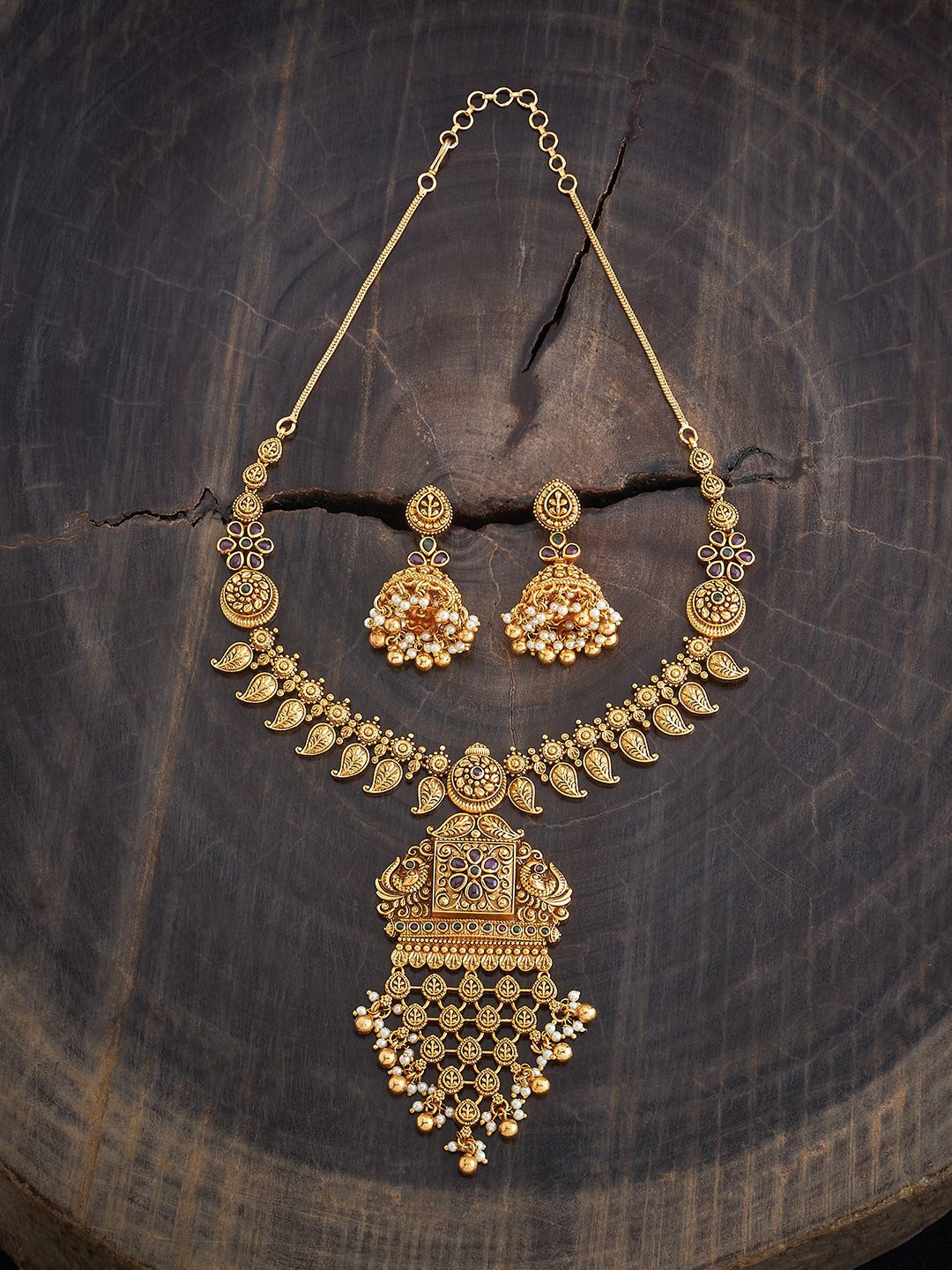 

Kushal's Fashion Jewellery Gold-Plated Stone Studded & Beaded Ethnic Antique Jewellery Set