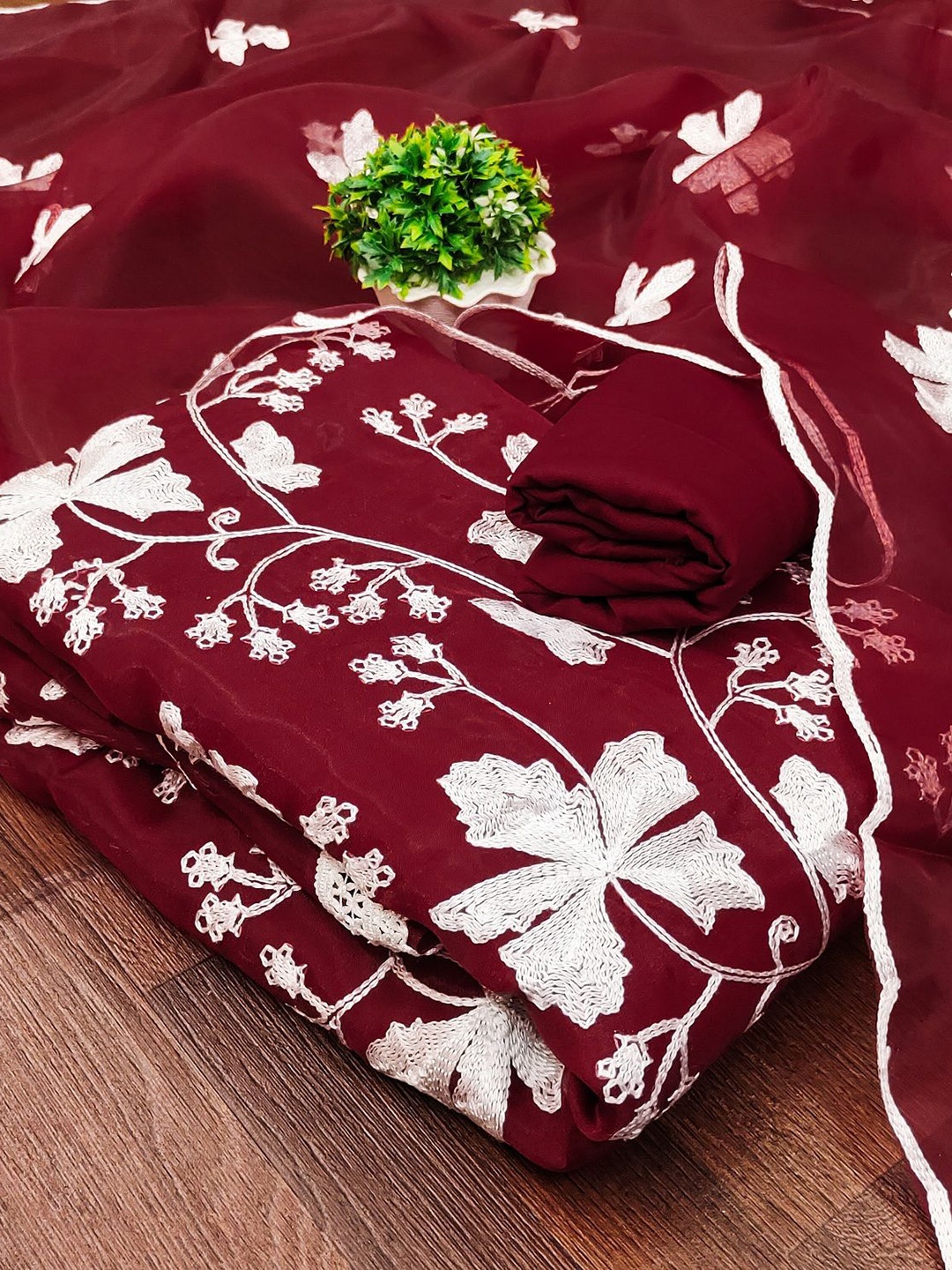 

APNISHA Floral Embroidered Organza Unstitched Dress Material, Maroon