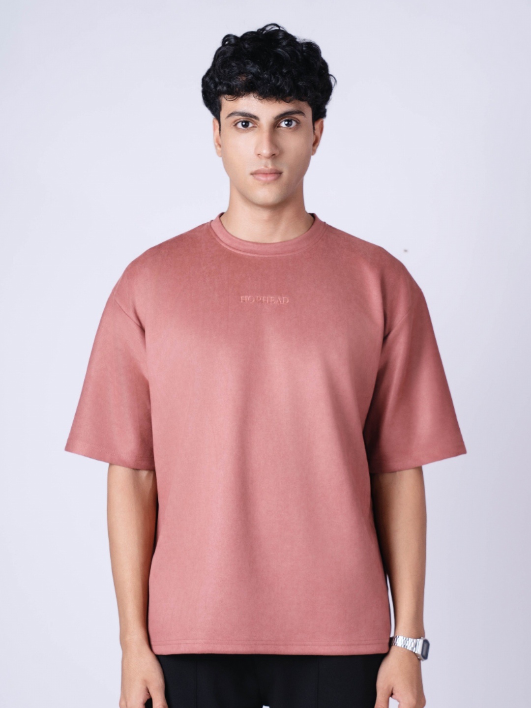 

Hop Head Old Rose Embroidered Suede Baggy T-Shirt, Mauve