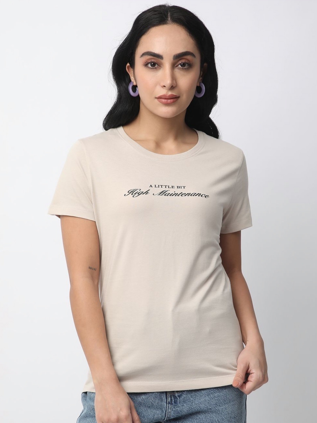 

R&B Women Typography Printed Round Neck Cotton T-shirt, Beige