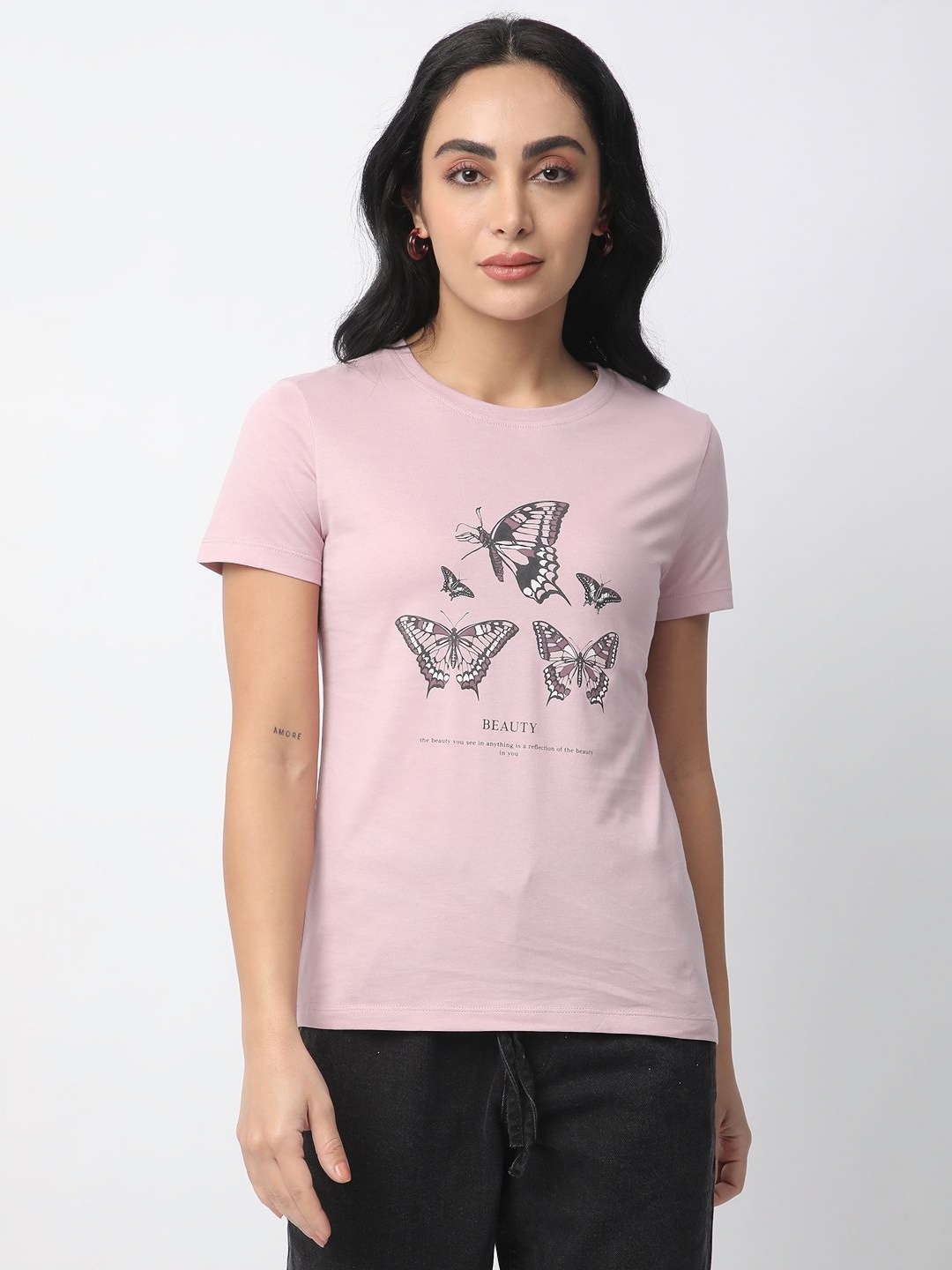 

R&B Women Graphic Printed Round Neck Cotton T-shirt, Pink