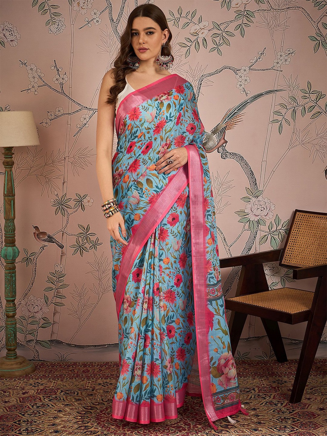 

KSM PRINTS Floral Printed Saree, Sea green