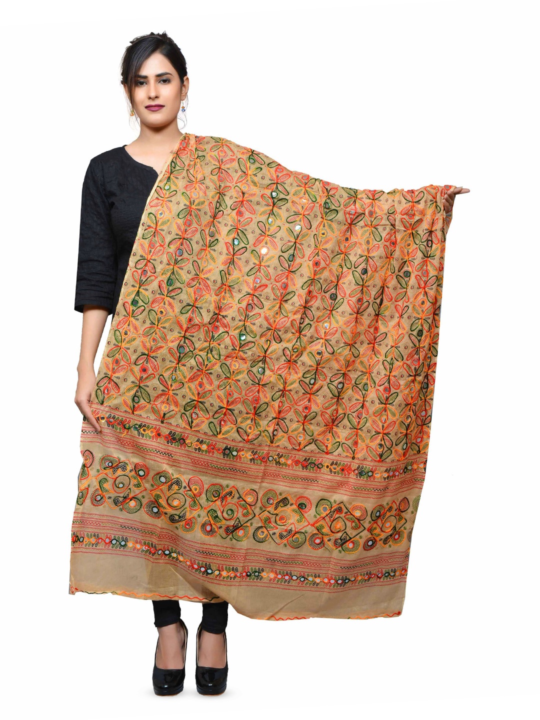 

BANJARA INDIA Embroidered Dupatta with Thread Work, Beige
