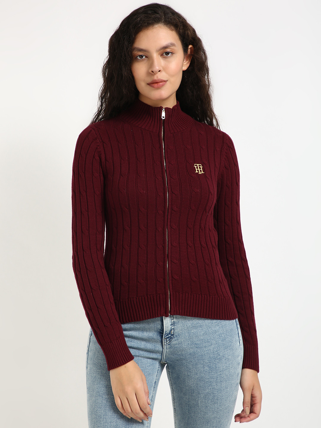 

Tommy Hilfiger Women Mock Collar Self Design Cotton Casual Tailored Jacket, Maroon