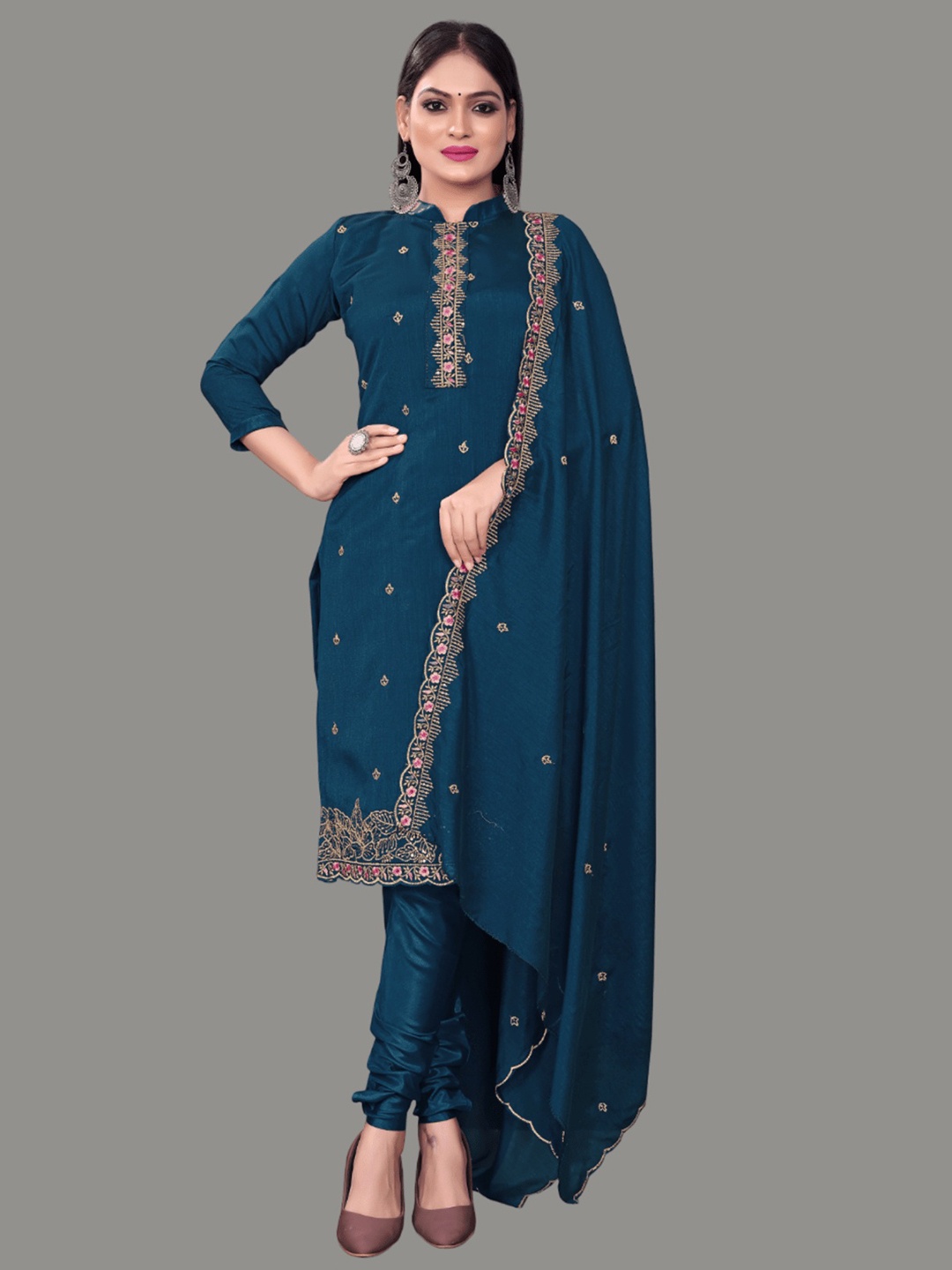 

Aika Floral Embroidered Pure Silk Unstitched Dress Material, Blue
