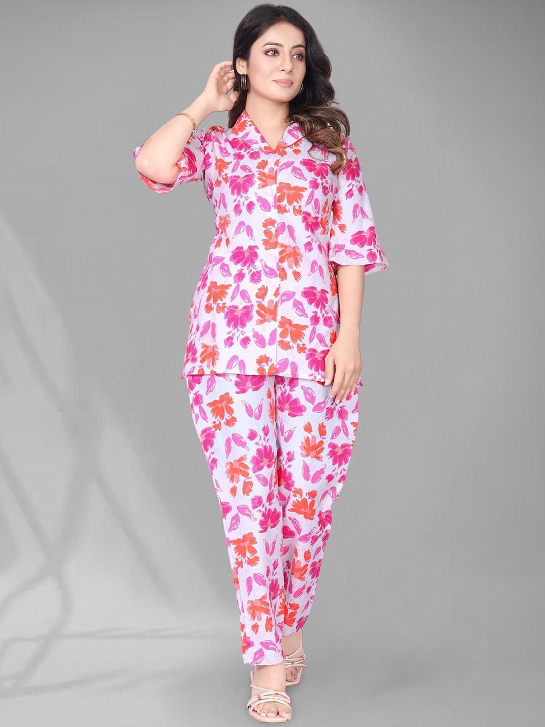 

Anouk Pink Shawl Neck Printed Top With Trouser