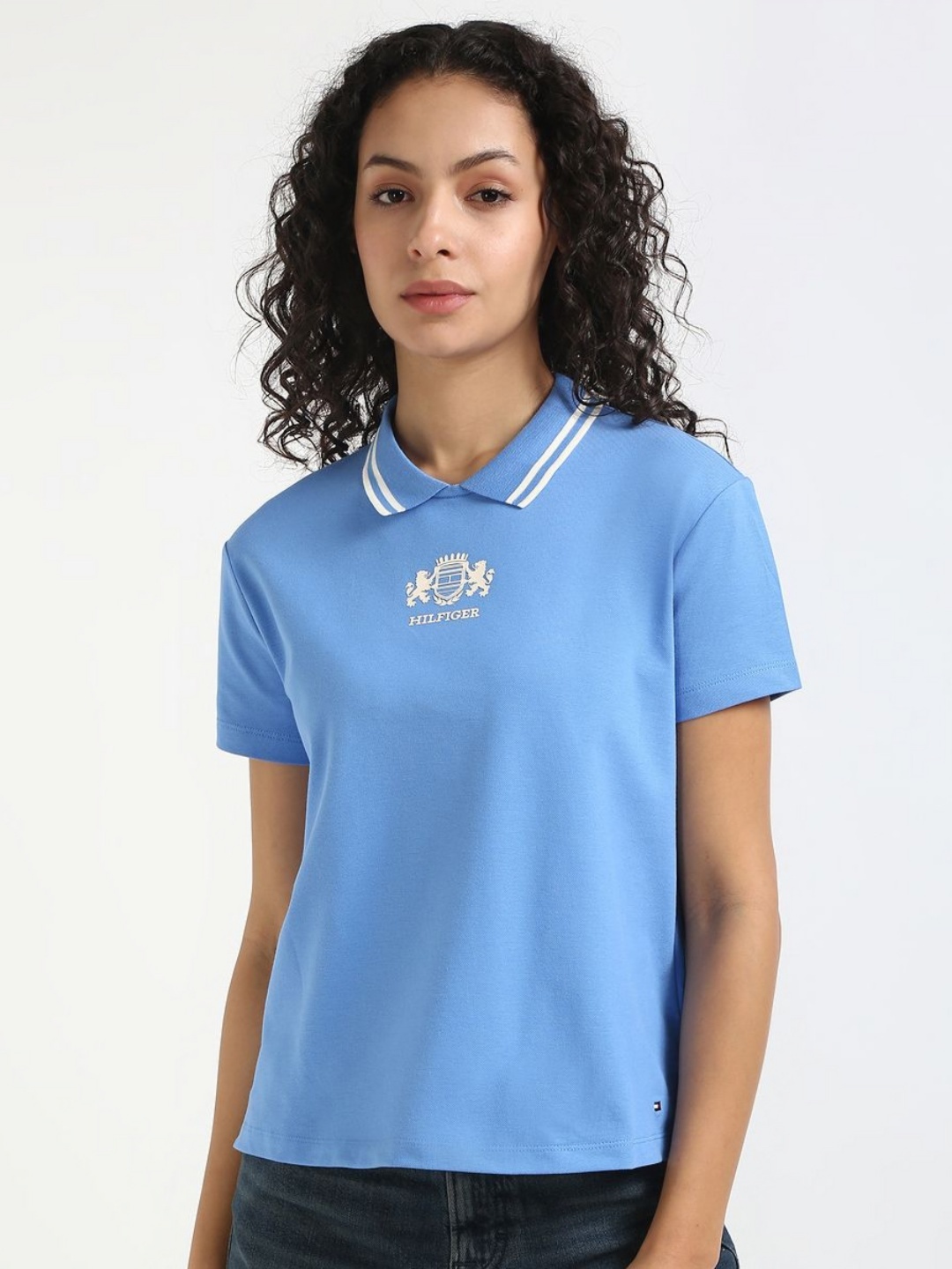 

Tommy Hilfiger Women Graphic Printed Polo Collar Cotton T-shirt, Blue