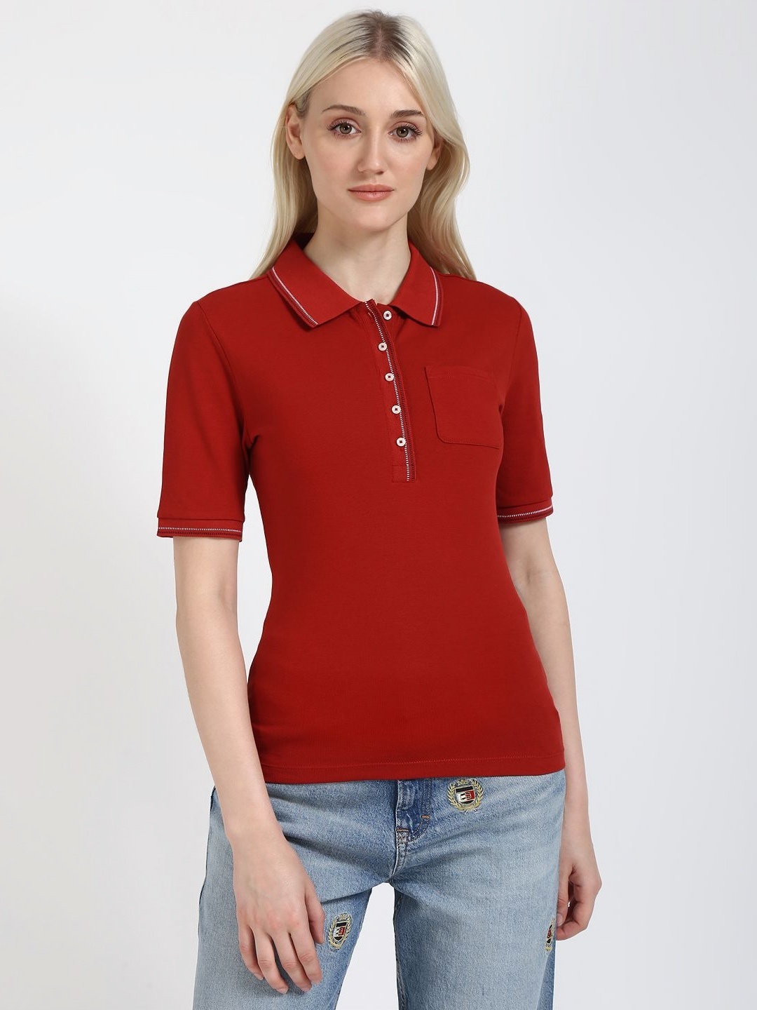

Tommy Hilfiger Women Polo Collar Pockets Slim Fit T-shirt, Red