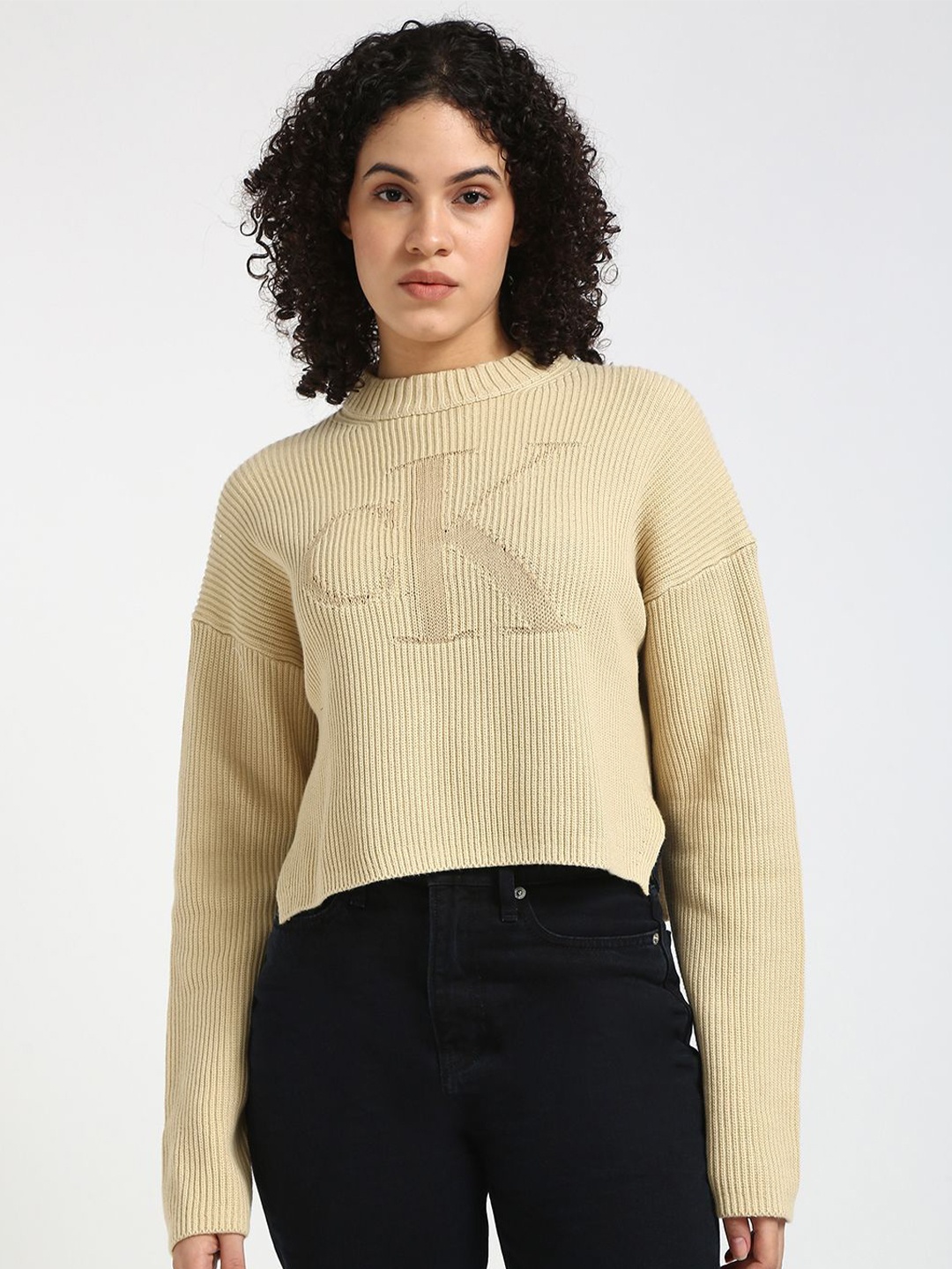

Calvin Klein Jeans Women Ribbed Pullover, Brown