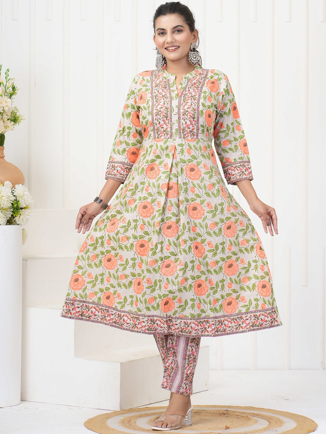 

KALINI Mandarin Collar Floral Printed Anarkali Kurta with Trousers, White