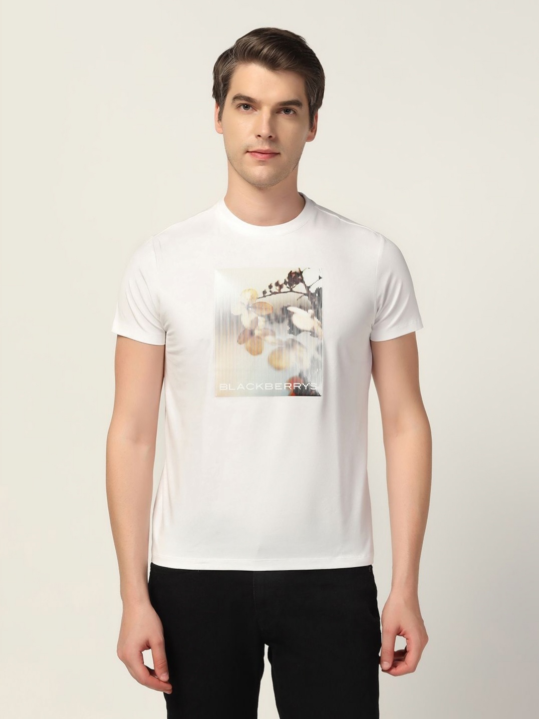 

Blackberrys Men Graphic Printed Round Neck Cotton Slim Fit T-shirt, Off white