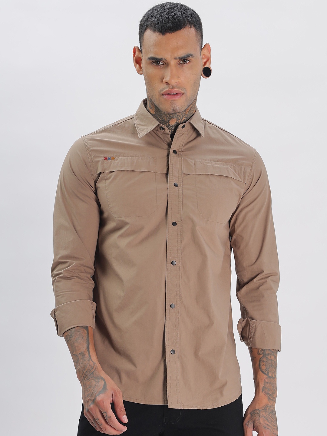 

BEVDAAS Men Spread Collar Solid Cotton Formal Shirt, Brown