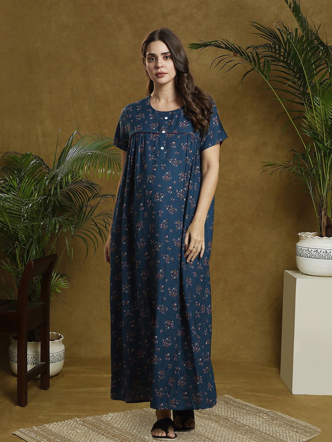 

MomToBe Women Printed Maxi Nightdress, Blue