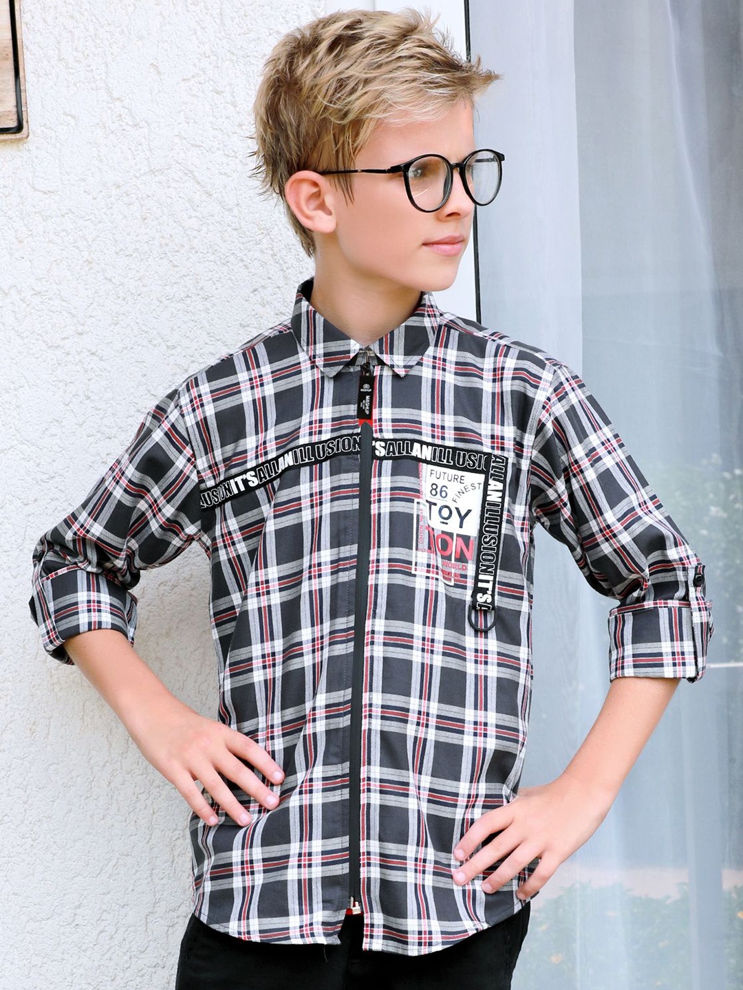 

MashUp Boys Classic Spread Collar Tartan Checked Cotton Casual Shirt, Grey