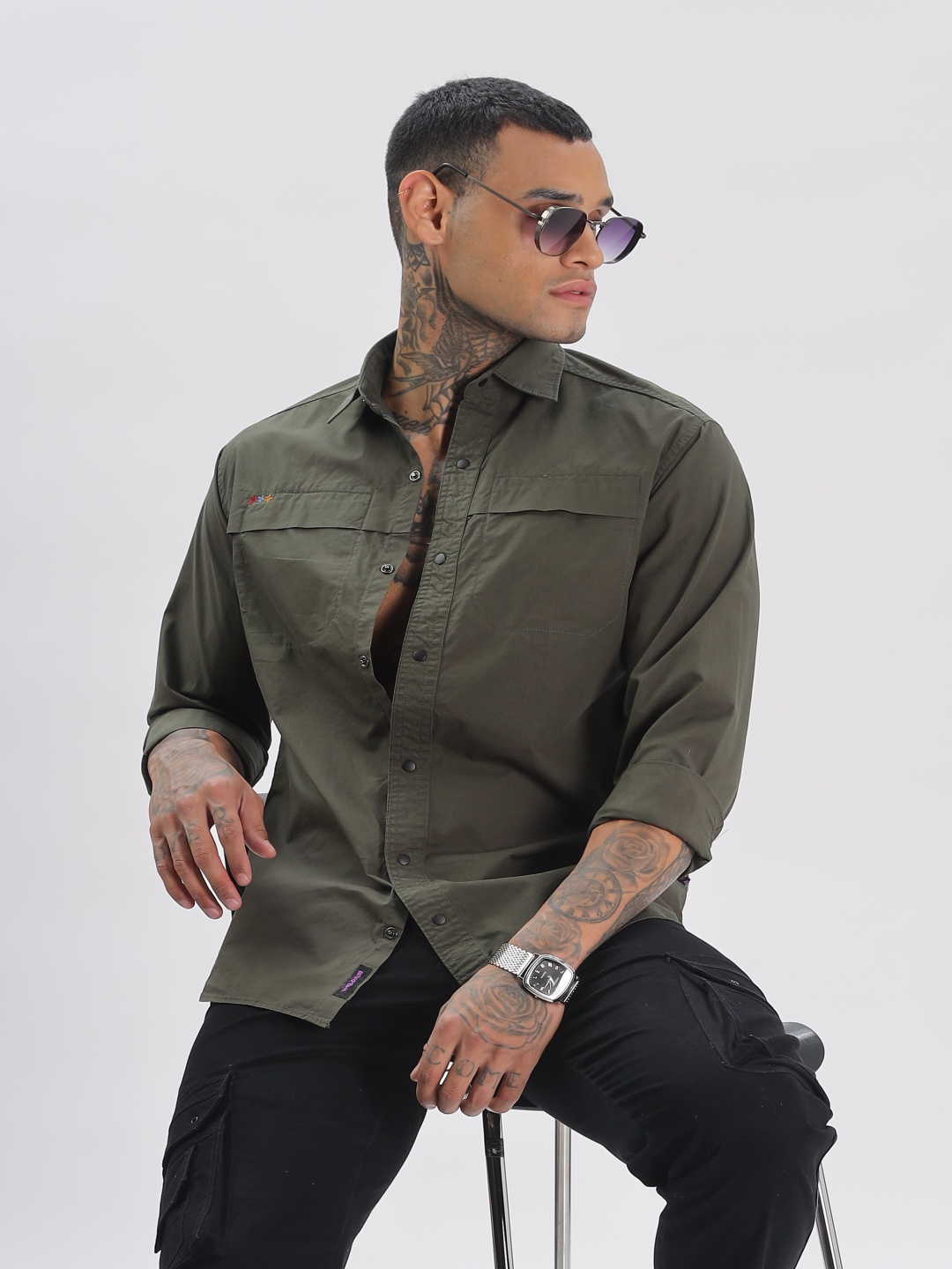 

BEVDAAS Men Spread Collar Solid Cotton Formal Shirt, Olive