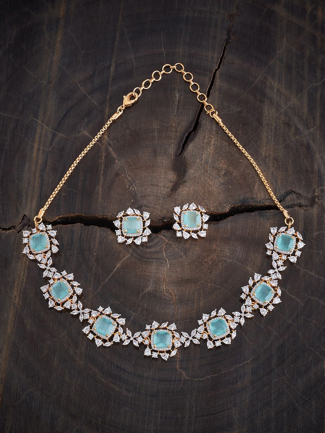 

Kushal's Fashion Jewellery Rhodium-Plated CZ Studded Necklace & Earrings, Rose gold