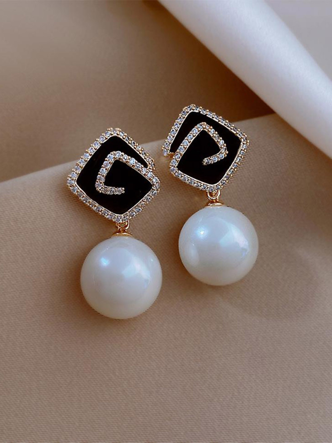 

DESTINY JEWELS Gold-Plated Geometric Stone Studded & Pearls Drop Earrings