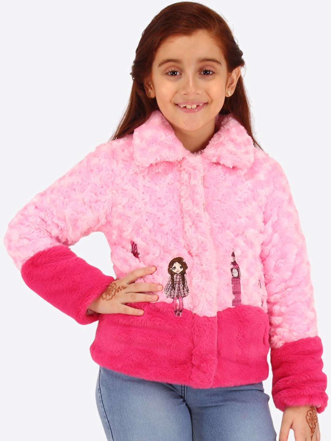 

CUTECUMBER Girls Spread Collar Colourblocked Faux Fur Casual Parka Jacket, Pink