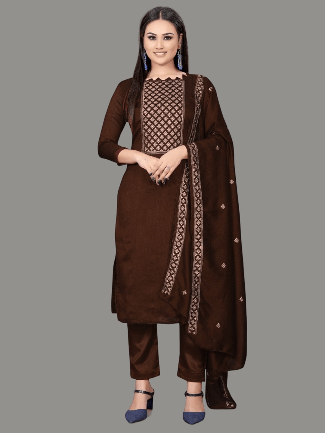 

Aika Floral Embroidered Pure Silk Unstitched Dress Material, Brown