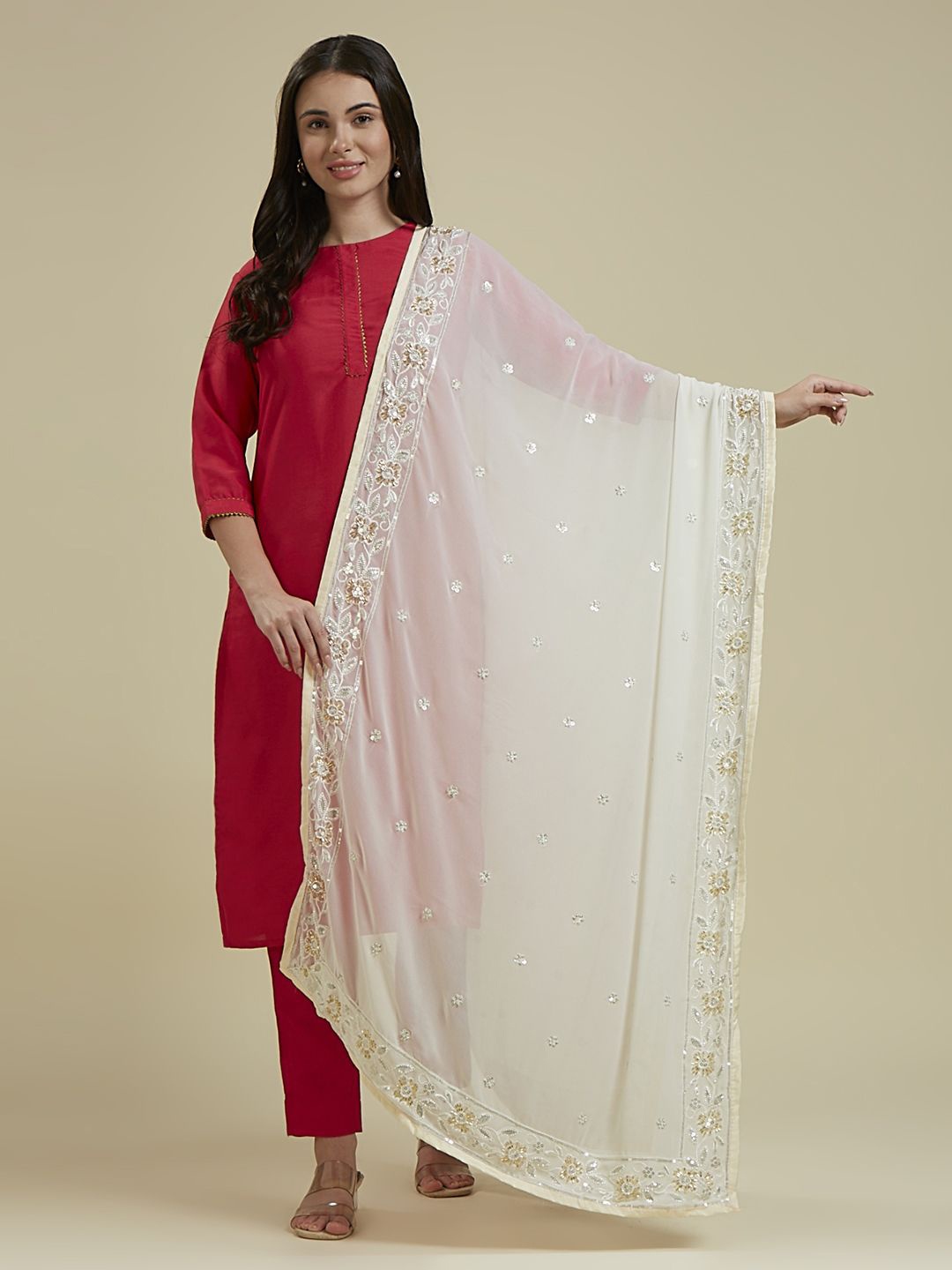 

Dupatta Bazaar Embroidered Georgette Dupatta with Beads and Stones, Off white