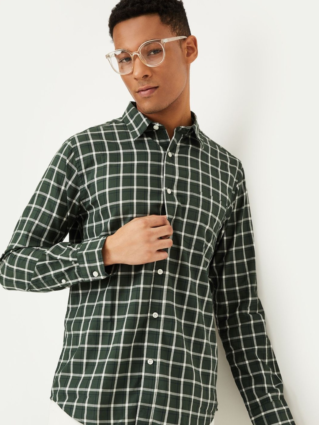 

max Men Spread Collar Grid Tattersall Checked Cotton Casual Shirt, Green