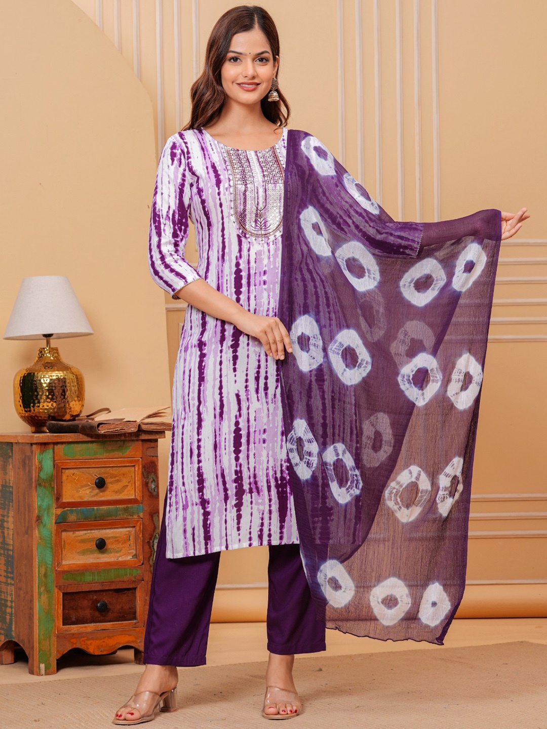 

ANJAYA Women Embroidered Regular Kurta with Trousers & With Dupatta, Purple