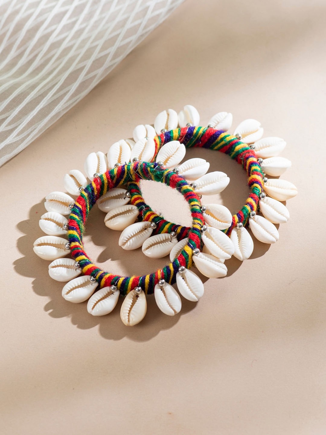 

UnfoldSelf Pack Of 2 Beaded & Thread Shell Bangles, White